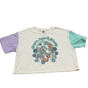Tom and Jerry Peace Love Music Graphic T Shirt Cropped Short Sleeve Shirt MEDIUM